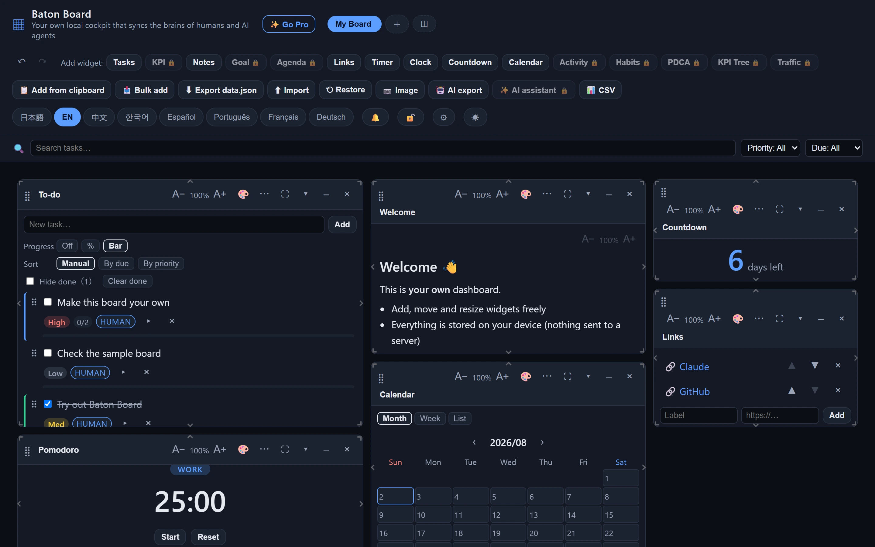 Baton Board screen: a dashboard with freely arranged widgets — tasks, countdown, links, and calendar