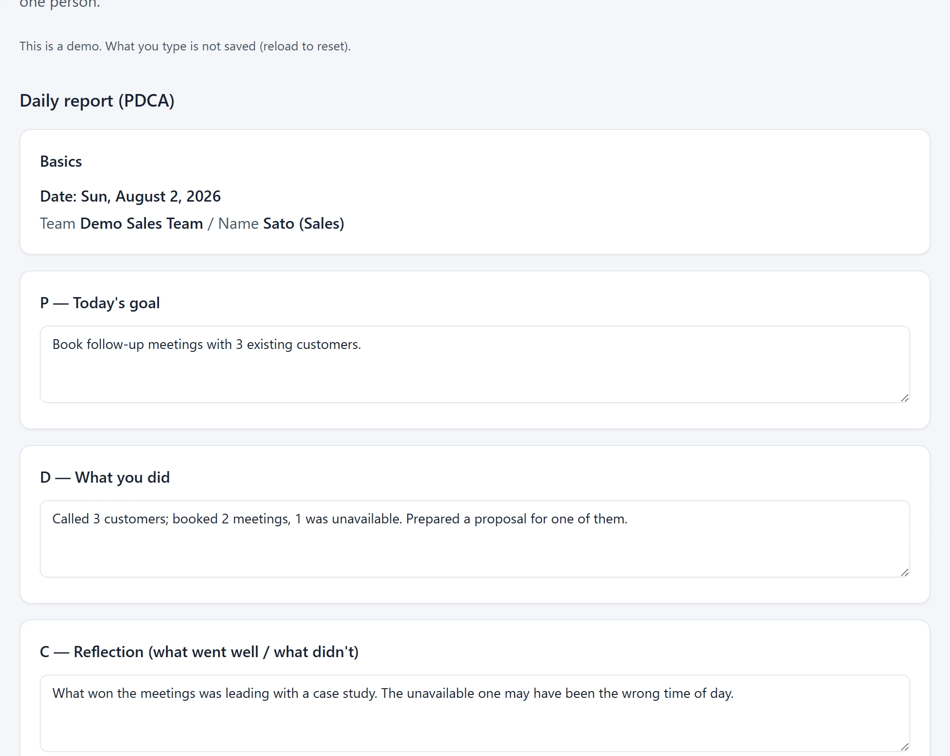 norolu PDCA screen: AI drafts a fair evaluation from the facts in daily reports